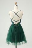 Glitter Verde Escuro A-Line Sequined Appliques V Pescoço Homecoming Dress