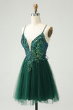 Glitter Verde Escuro A-Line Sequined Appliques V Pescoço Homecoming Dress