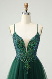 Glitter Verde Escuro A-Line Sequined Appliques V Pescoço Homecoming Dress