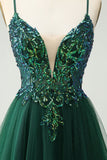 Glitter Verde Escuro A-Line Sequined Appliques V Pescoço Homecoming Dress