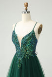 Glitter Verde Escuro A-Line Sequined Appliques V Pescoço Homecoming Dress