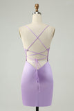 Glitter Roxo V Pescoço Apertado Sequined Appliques Homecoming Dress