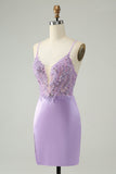 Glitter Roxo V Pescoço Apertado Sequined Appliques Homecoming Dress