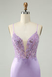Glitter Roxo V Pescoço Apertado Sequined Appliques Homecoming Dress