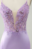 Glitter Roxo V Pescoço Apertado Sequined Appliques Homecoming Dress