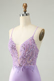 Glitter Roxo V Pescoço Apertado Sequined Appliques Homecoming Dress