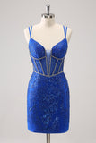 Brilhante Royal Blue Spaghetti Correias Corset Tight Homecoming Dress com Sequins