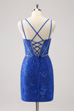 Brilhante Royal Blue Spaghetti Correias Corset Tight Homecoming Dress com Sequins