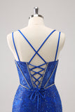 Brilhante Royal Blue Spaghetti Correias Corset Tight Homecoming Dress com Sequins