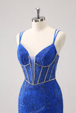 Brilhante Royal Blue Spaghetti Correias Corset Tight Homecoming Dress com Sequins