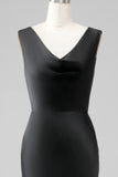 Preto Sereia Cowl Neck Cetim Long Vestido de Dama de Honra