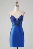 Sparkly Royal Blue Bodycon Strapless Vestido Curto Homecoming com Missangas