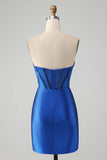 Sparkly Royal Blue Bodycon Strapless Vestido Curto Homecoming com Missangas