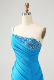 Blue Bodycon Um Ombro Ruched Cetim Homecoming Dress com Sequins