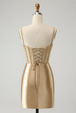 Esparguete Dourado Correias Bodycon Corset Cetim Homecoming Dress com Fenda