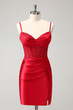 Elegante Bodycon Esparguete Correias Corset Cetim Vermelho Homecoming Dress com Fenda