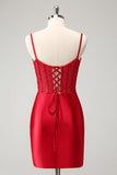 Elegante Bodycon Esparguete Correias Corset Cetim Vermelho Homecoming Dress com Fenda