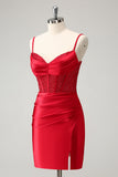 Elegante Bodycon Esparguete Correias Corset Cetim Vermelho Homecoming Dress com Fenda