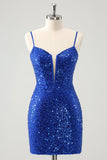 Espartilho azul brilhante apertado curto Homecoming vestido com lantejoulas