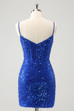 Espartilho azul brilhante apertado curto Homecoming vestido com lantejoulas