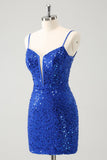 Espartilho azul brilhante apertado curto Homecoming vestido com lantejoulas