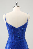Espartilho azul brilhante apertado curto Homecoming vestido com lantejoulas