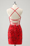 Sparkly Floral Red Tight Short Homecoming Dress com lantejoulas