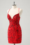 Sparkly Floral Red Tight Short Homecoming Dress com lantejoulas