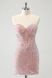 Sparkly Strapless Light Pink Tight Short Homecoming Dress com Sequins