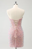 Sparkly Strapless Light Pink Tight Short Homecoming Dress com Sequins