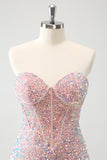 Sparkly Strapless Light Pink Tight Short Homecoming Dress com Sequins