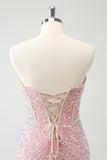 Sparkly Strapless Light Pink Tight Short Homecoming Dress com Sequins
