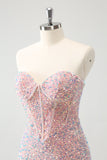 Sparkly Strapless Light Pink Tight Short Homecoming Dress com Sequins