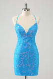 Sparkly Sky Blue Tight Short Homecoming Dress com renda-up para trás