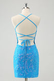 Sparkly Sky Blue Tight Short Homecoming Dress com renda-up para trás