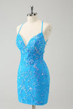Sparkly Sky Blue Tight Short Homecoming Dress com renda-up para trás