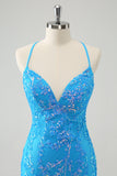 Sparkly Sky Blue Tight Short Homecoming Dress com renda-up para trás