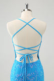 Sparkly Sky Blue Tight Short Homecoming Dress com renda-up para trás