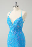 Sparkly Sky Blue Tight Short Homecoming Dress com renda-up para trás