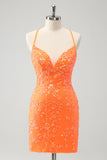 Sparkly Orange Lace-Up Back Tight Short Homecoming Dress com lantejoulas