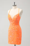 Sparkly Orange Lace-Up Back Tight Short Homecoming Dress com lantejoulas
