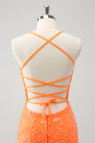 Sparkly Orange Lace-Up Back Tight Short Homecoming Dress com lantejoulas