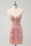 Glitter Blush Esparguete Correias Apertado Curto Homecoming Dress com Missangas