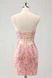 Glitter Blush Esparguete Correias Apertado Curto Homecoming Dress com Missangas