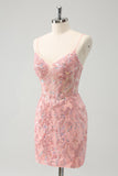 Glitter Blush Esparguete Correias Apertado Curto Homecoming Dress com Missangas