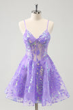 Brilhante Lilás A-Line Esparguete Correias Sequins Corset Homecoming Dress
