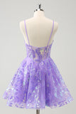 Brilhante Lilás A-Line Esparguete Correias Sequins Corset Homecoming Dress