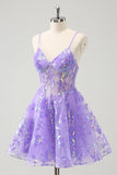 Brilhante Lilás A-Line Esparguete Correias Sequins Corset Homecoming Dress