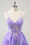 Brilhante Lilás A-Line Esparguete Correias Sequins Corset Homecoming Dress