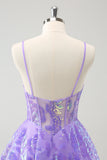 Brilhante Lilás A-Line Esparguete Correias Sequins Corset Homecoming Dress